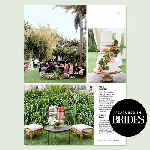Outdoor wedding collage with lush garden reception, dessert table, and floral cake; 