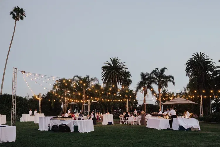 Outdoor evening wedding reception with string lights, white tablecloths, and palm trees on a grassy lawn