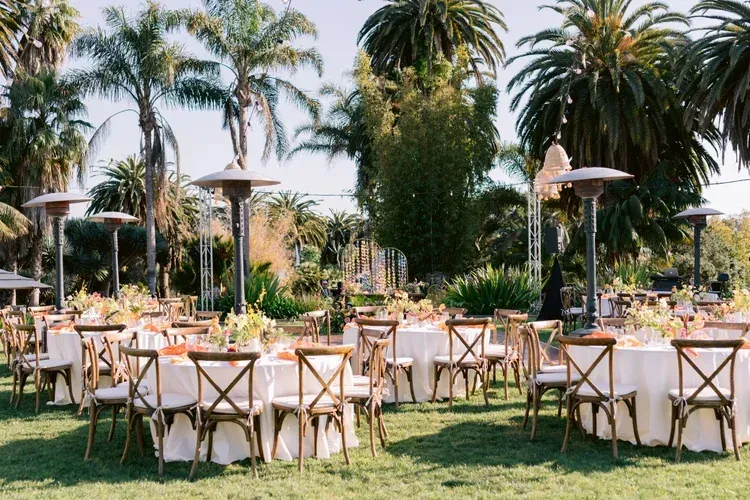 Outdoor wedding reception with round tables, white linens, and palm trees on a sunny lawn