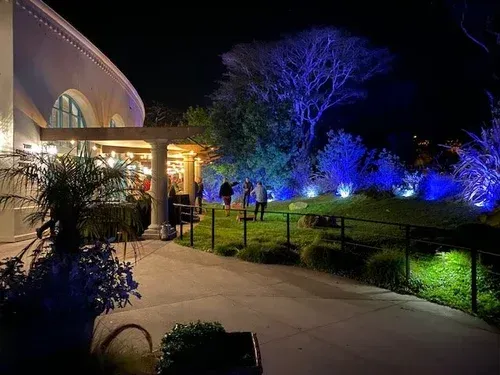 Nighttime outdoor walkway beside a lit building, with blue-lit trees and landscaped lawn