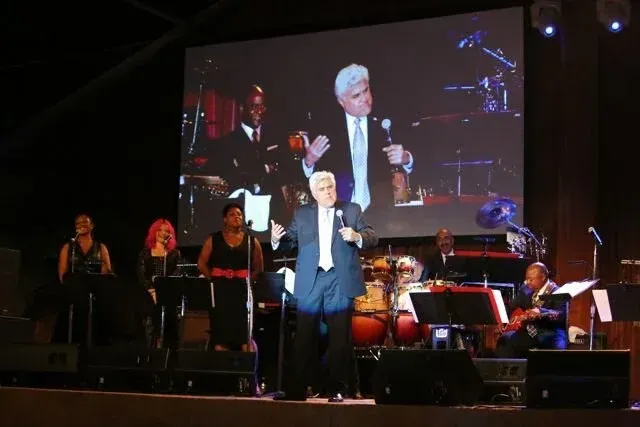 Singer on stage with band and large screen projection in the background, performing under concert lighting
