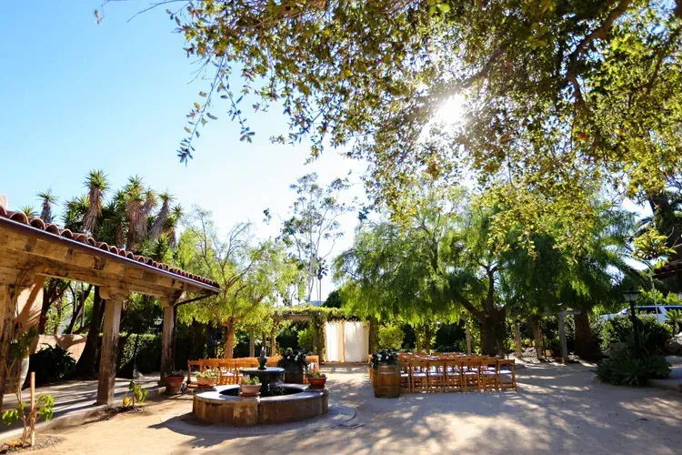 Sunny outdoor patio with wooden pergolas, tables, and lush trees under a bright sky