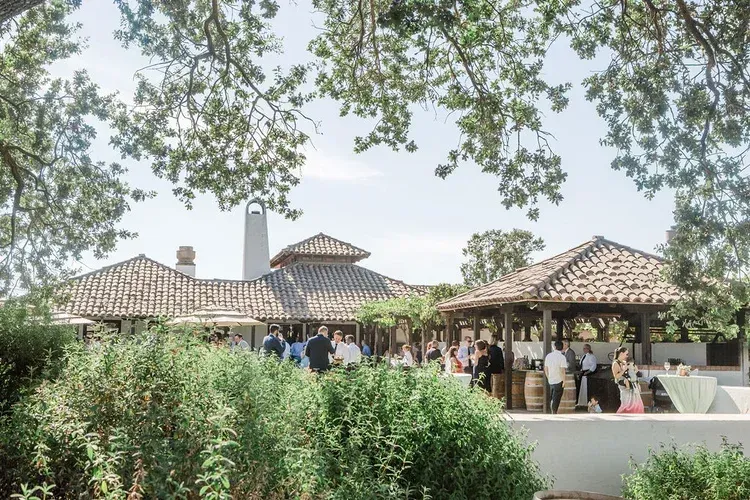 Outdoor event with people gathered under tiled pavilions, framed by greenery and tree branches