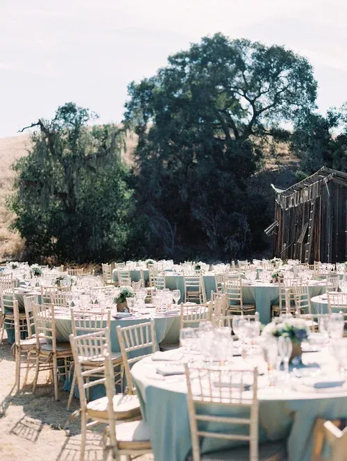 Outdoor banquet setup with white tables and chairs under trees beside a rustic wooden structure