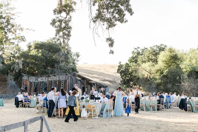 Outdoor wedding reception with guests seated at tables under trees near a rustic building