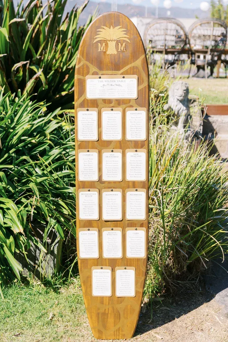 Wooden surfboard-shaped community notice board with posted flyers in a landscaped garden
