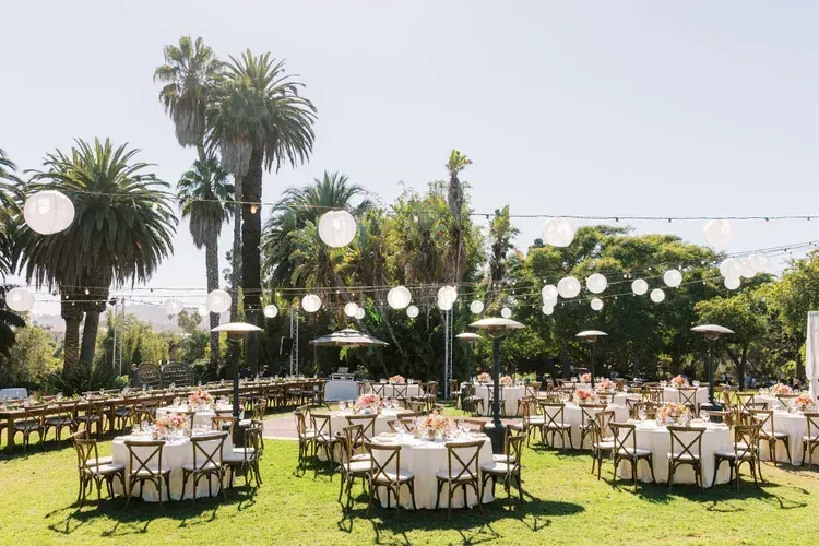 Outdoor reception setup with round white tables, chairs, and hanging lanterns on a sunny lawn under palm trees