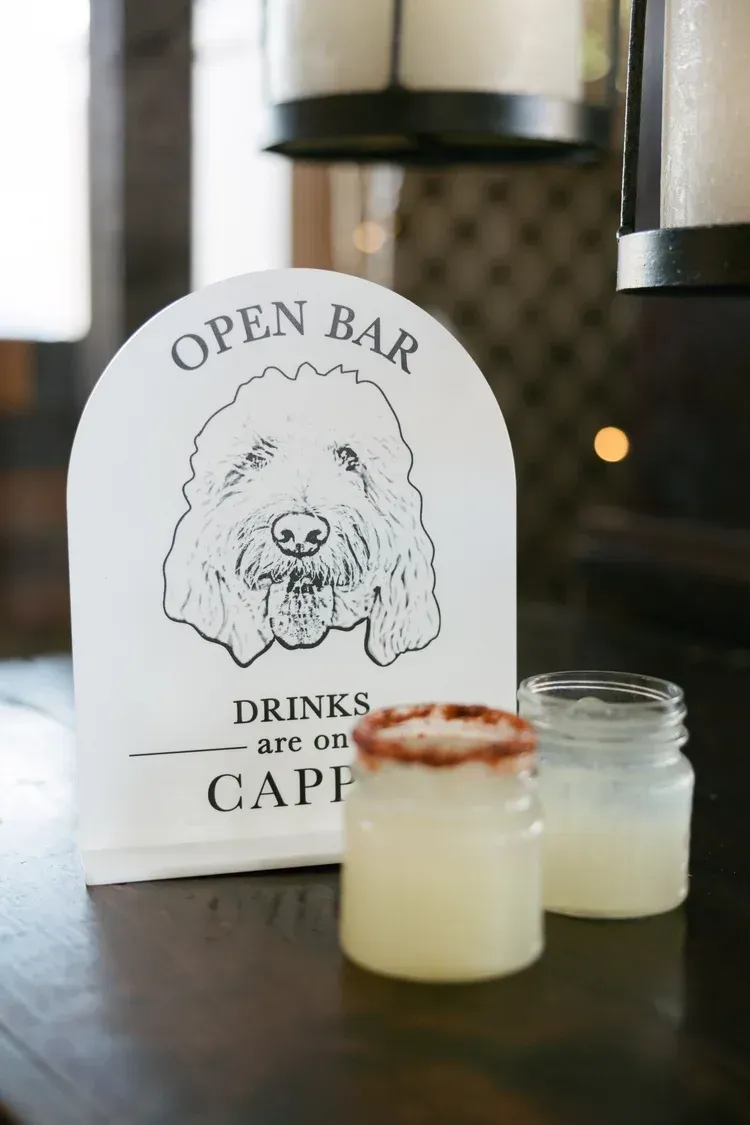Two clear drinks on a counter before an “Open Bar” sign with a dog illustration.