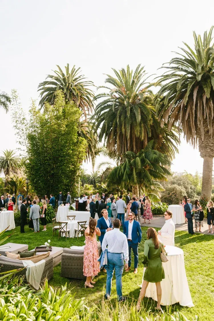 Outdoor garden gathering with people mingling near tables under tall palm trees