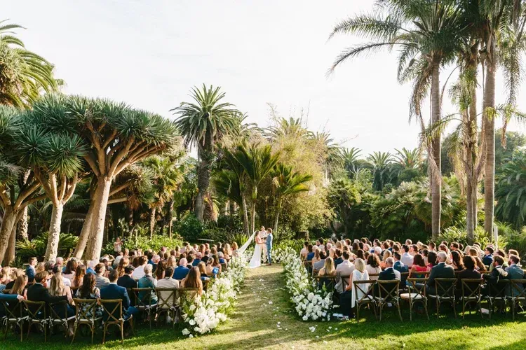 Outdoor wedding ceremony in a tropical garden with guests seated along a grassy aisle under palm trees