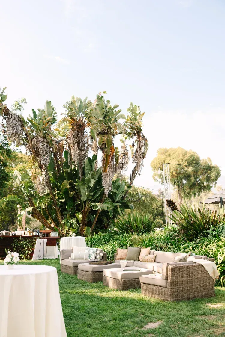 Outdoor garden seating area with white tables, wicker chairs, and lush greenery under a bright sky