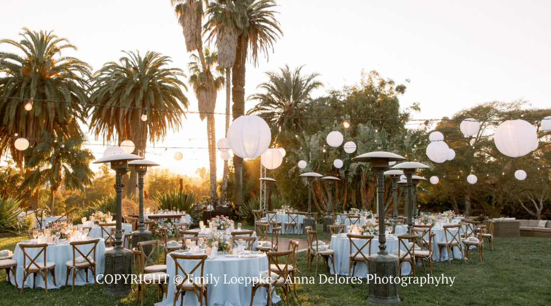 Outdoor evening event setup with white table settings, hanging lanterns, and palm trees on a lawn
