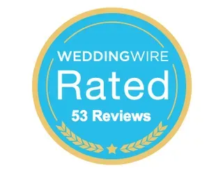 WeddingWire Rated badge in blue and gold, stating “53 Reviews” with laurel design