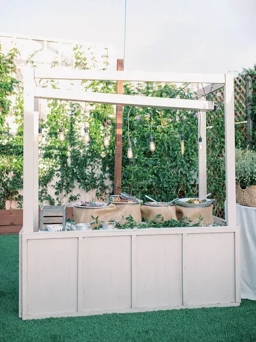 White outdoor planter wall with climbing greenery and hanging bulbs in a garden setting