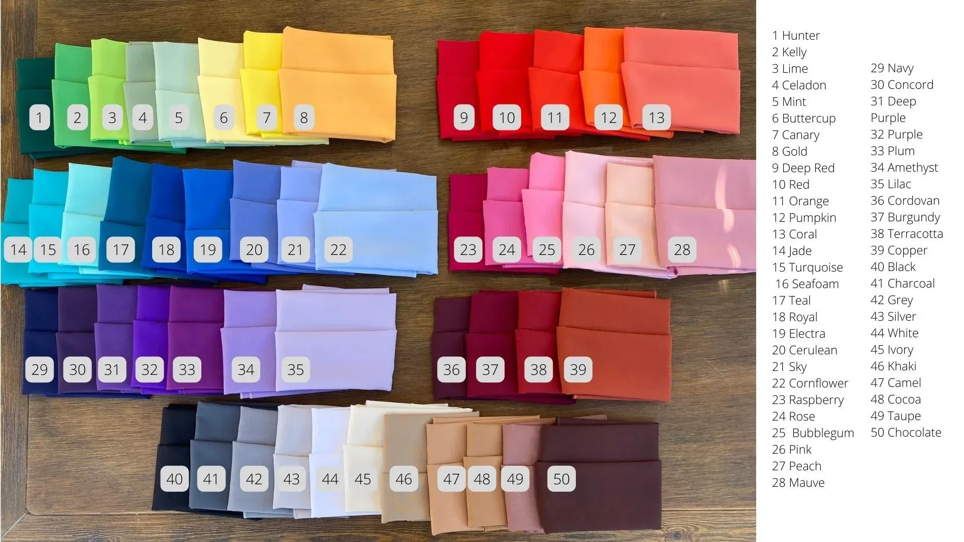 Rows of colorful numbered pouches arranged on a wooden table with a handwritten list on the right
