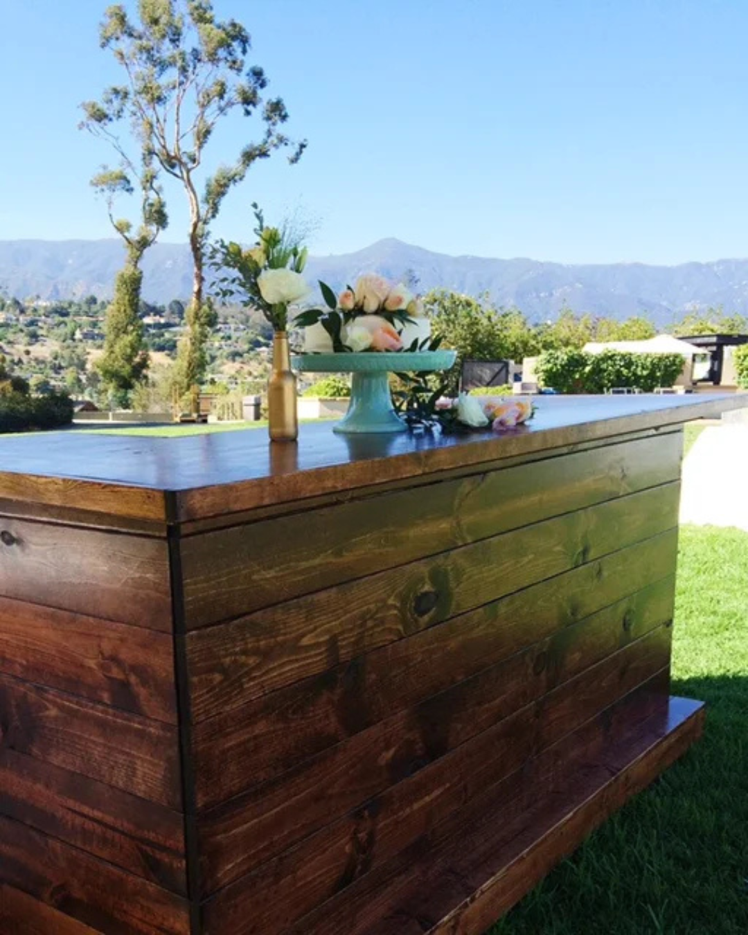 Wooden outdoor counter with sink, potted flowers, and mountain view in a sunny backyard