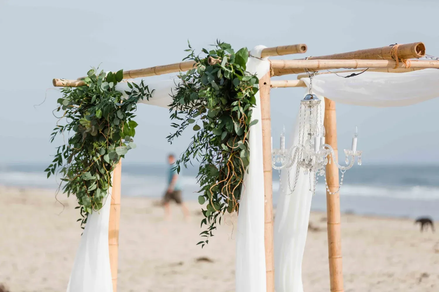 Beach wedding arch with white drapes and green foliage by the sea
