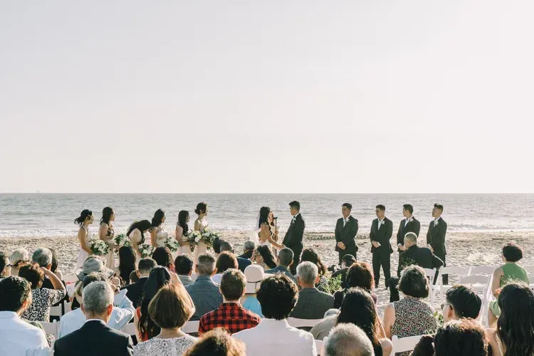 Outdoor wedding ceremony on a beach with seated guests and an officiant facing a line of standing people