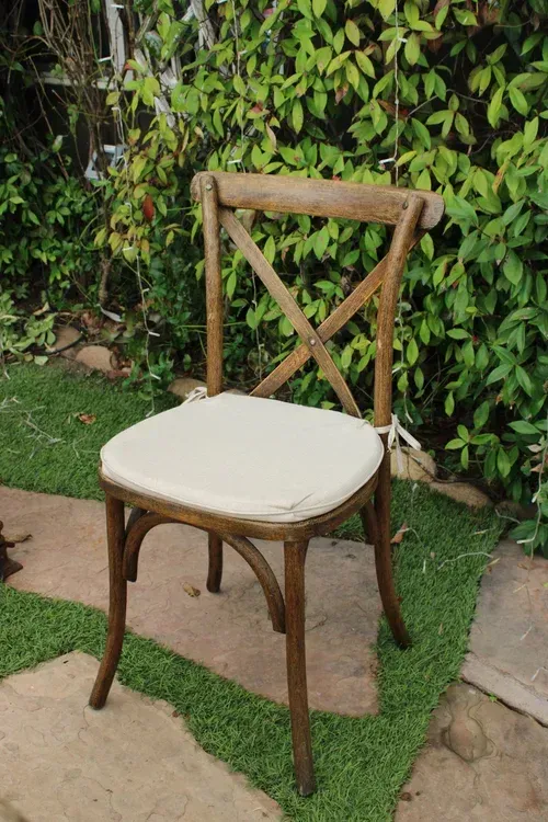 Wooden chair with cream cushion on a stone path beside green foliage