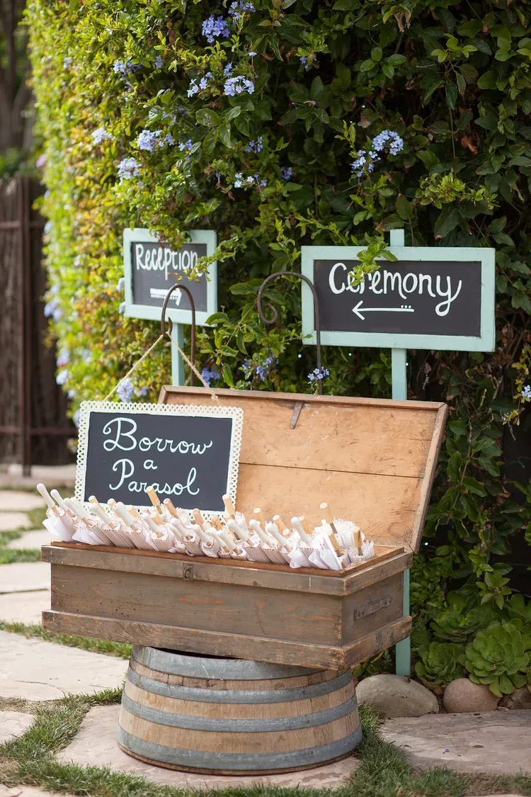 Rustic wooden box with chalkboard signs for wedding card, ceremony, and reception directions