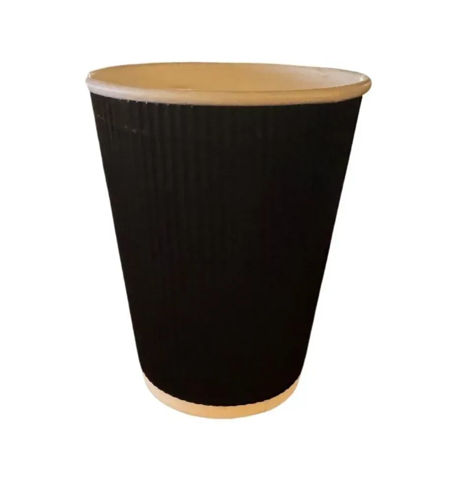 Black tapered cup with a tan lid and base on a white background