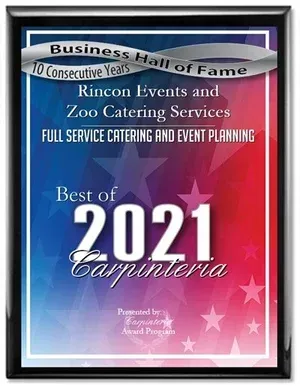 Framed 2021 Catereria award plaque for Busino's Hall of Fame, featuring Rincon Events and Zoo Catering Services