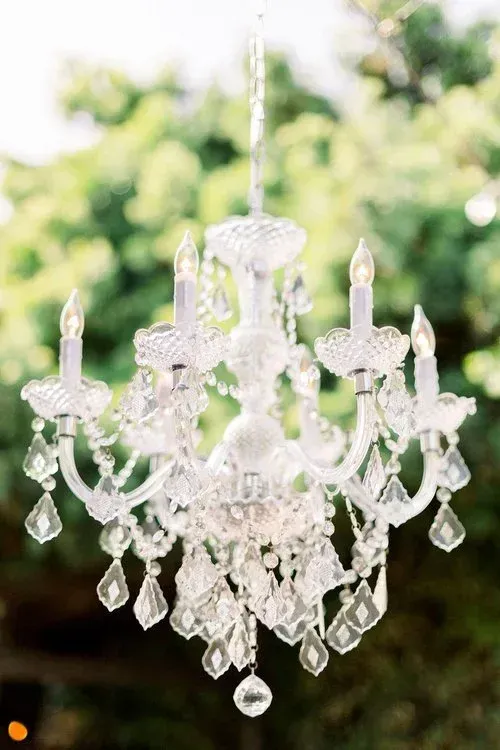 Crystal chandelier hanging outdoors against a blurred green background