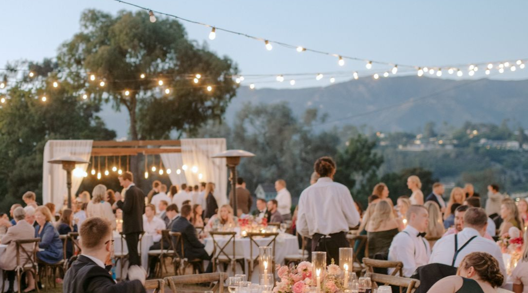 Outdoor evening dinner party with string lights, guests seated at long tables, and a softly lit sunset backdrop