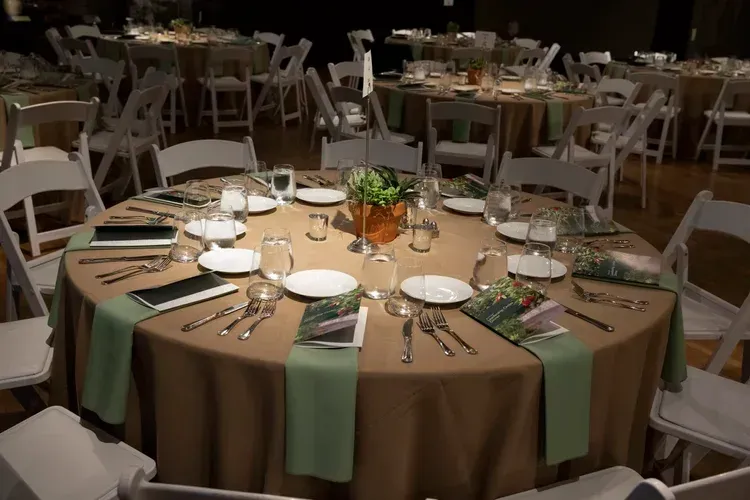 Round banquet table set with tan and sage linens, plates, glasses, and a floral centerpiece in a dim event hall