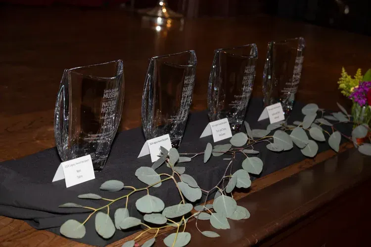 Glass awards with white name cards on a dark table, decorated with eucalyptus leaves and flowers