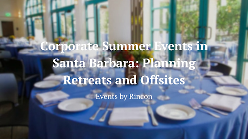 Corporate event tables with blue tablecloths and white chairs in a banquet room, overlaid with event title text