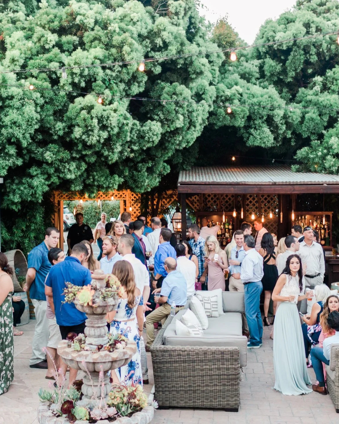 Outdoor garden party with guests mingling under trees beside a dessert table and wicker seating