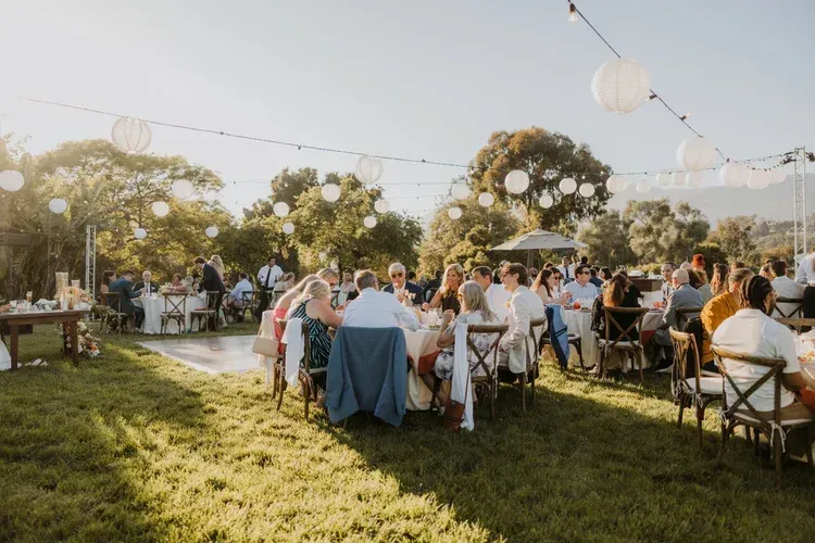 Outdoor wedding reception with guests seated at long tables on a sunny lawn under string lights.