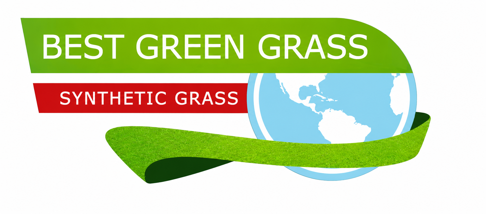 Logo for Best Green Grass synthetic grass, with green and red text and a globe wrapped in a grass blade