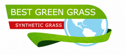 Logo for Best Green Grass synthetic grass, with green and red text and a globe wrapped in a grass blade