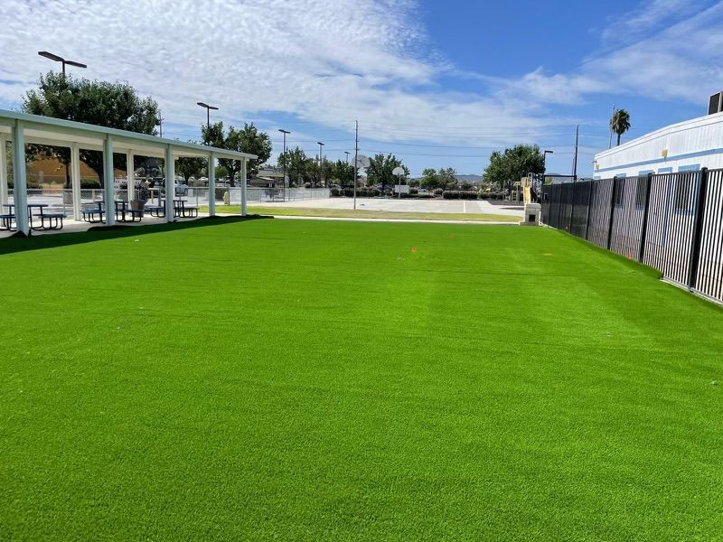 Bright green artificial turf beside a covered walkway and a fenced building under a blue sky