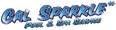 The logo for cal sparkle pool and spa service is blue and white.
