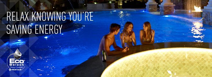 A group of people are swimming in a pool with the words relax knowing you 're saving energy