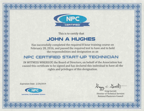 A john a hughes npc certified start up technician certificate