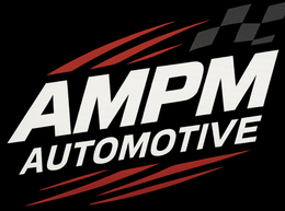 AMPM Automotive logo in white italic text with red speed streaks on a black background