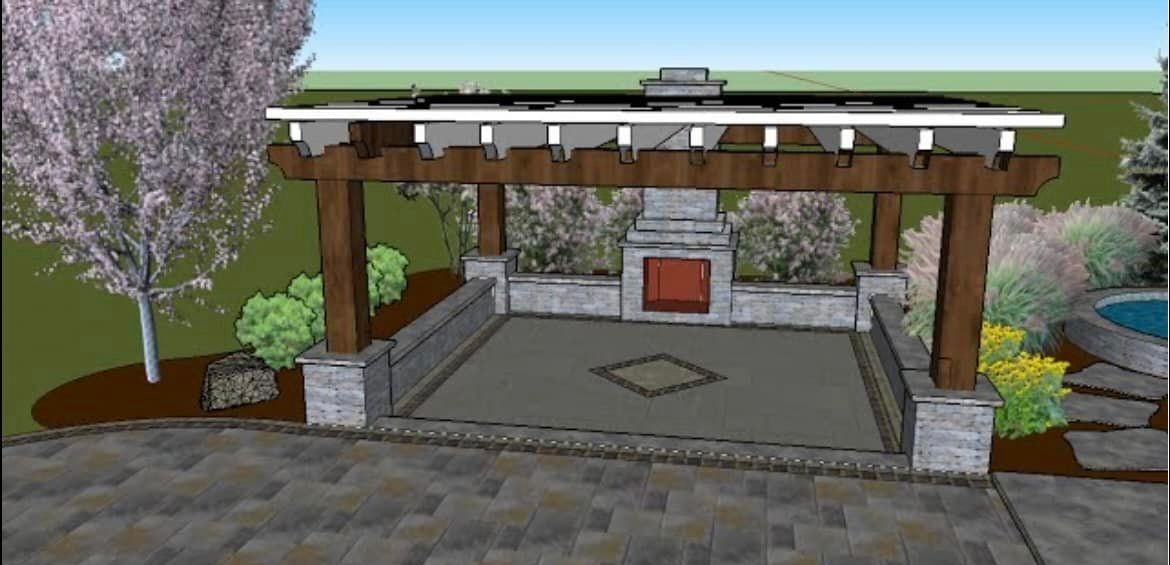 A 3D Model Of A Patio With A Pergola And A Fireplace - Perry Hall, MD - Oakwood Landscaping LLC