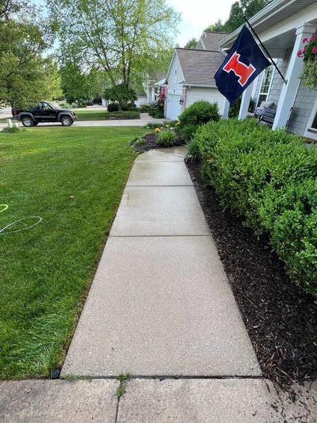 Concrete walkway beside a house with a waving Illinois flag, trimmed hedge, and green lawn.