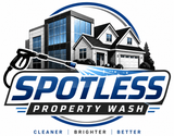 Spotless Property Wash logo with house, blue building, power washer, and tagline “Cleaner | Brighter | Better”