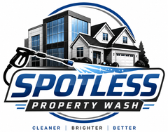 Spotless Property Wash logo with house, blue building, power washer, and tagline “Cleaner | Brighter | Better”