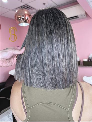 A hand holds up a shoulder-length, straight haircut featuring silver and gray highlights in a salon setting.