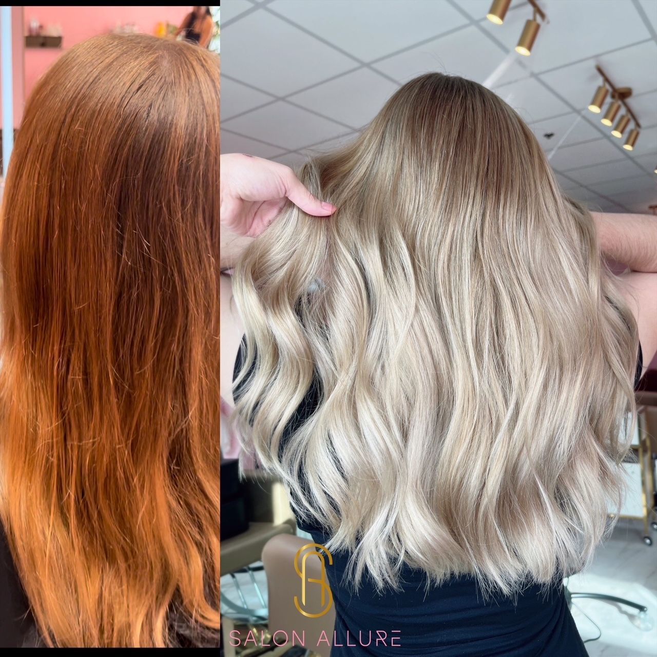 Before and after comparison of hair transformed from a copper-red shade to a cool-toned blonde balayage at Salon Allure.