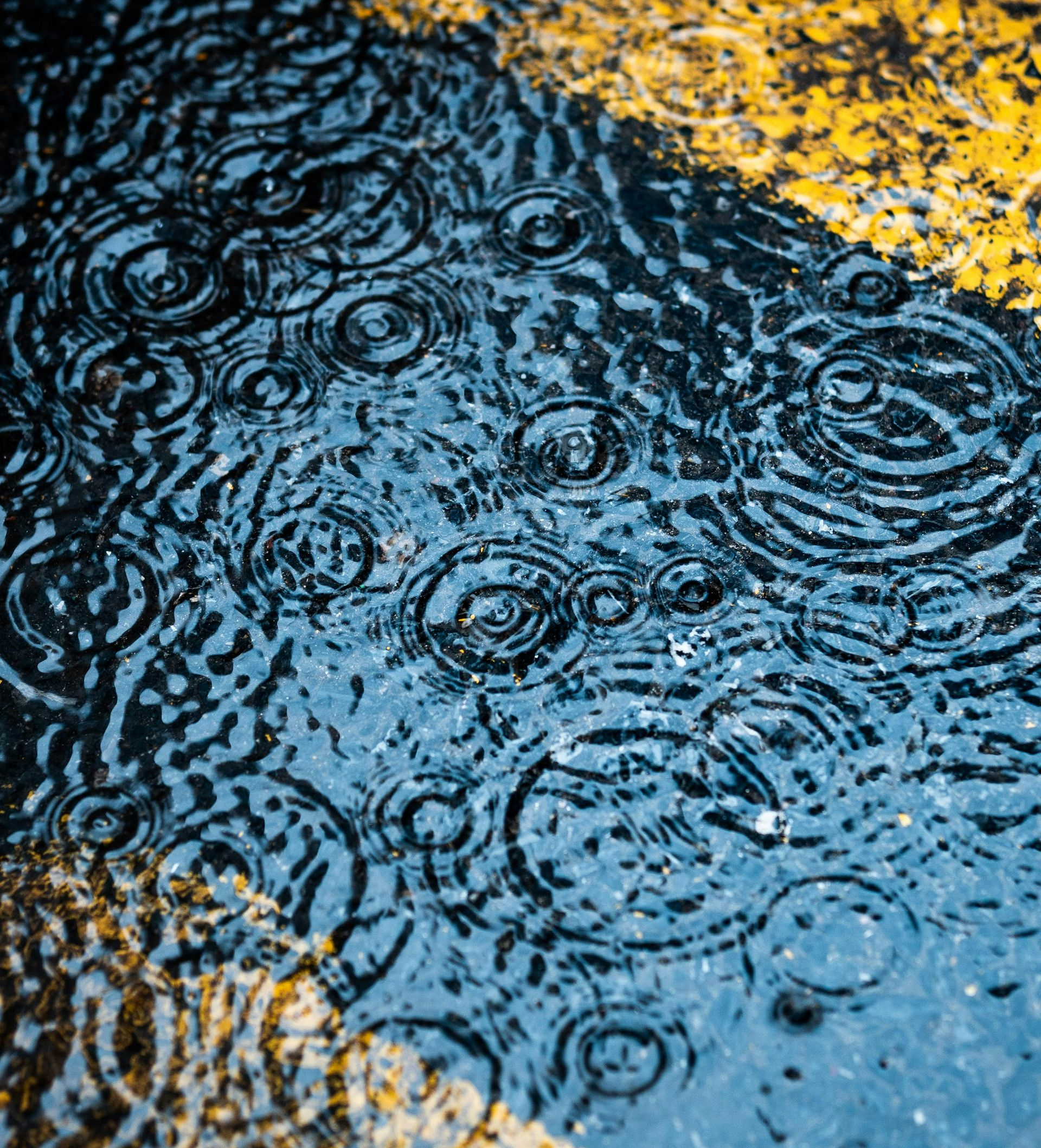 Rain ripples on a wet street with yellow lane markings reflected in blue water.