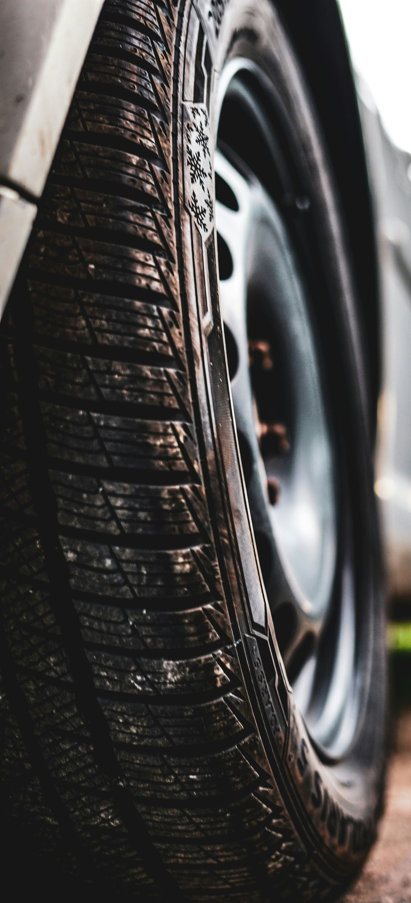 Close-up of a wet car tire with tread and wheel rim visible