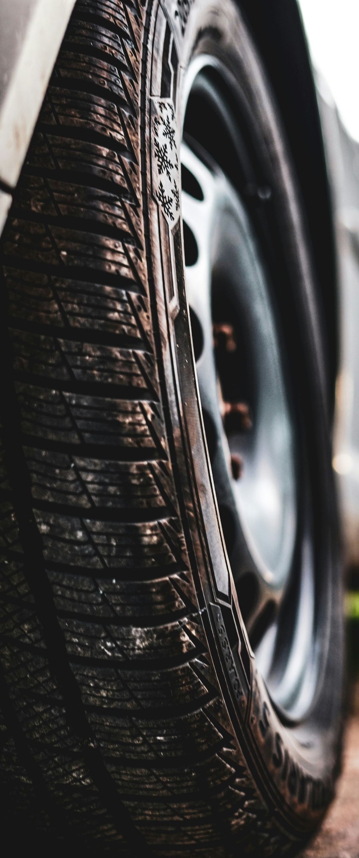 Close-up of a wet car tire with tread and wheel rim visible