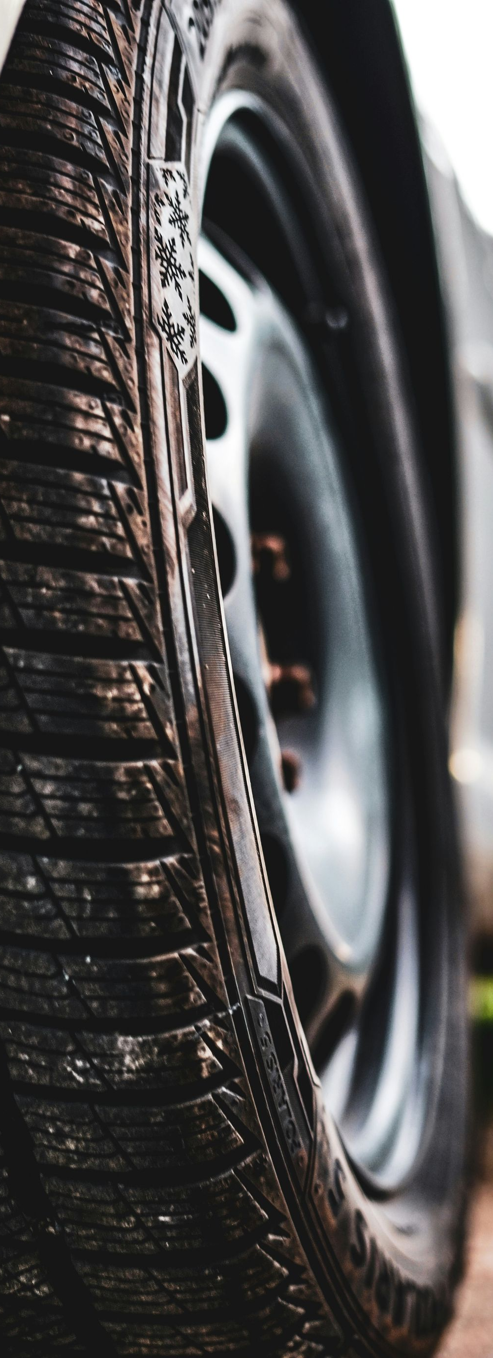 Close-up of a wet car tire with tread and wheel rim visible